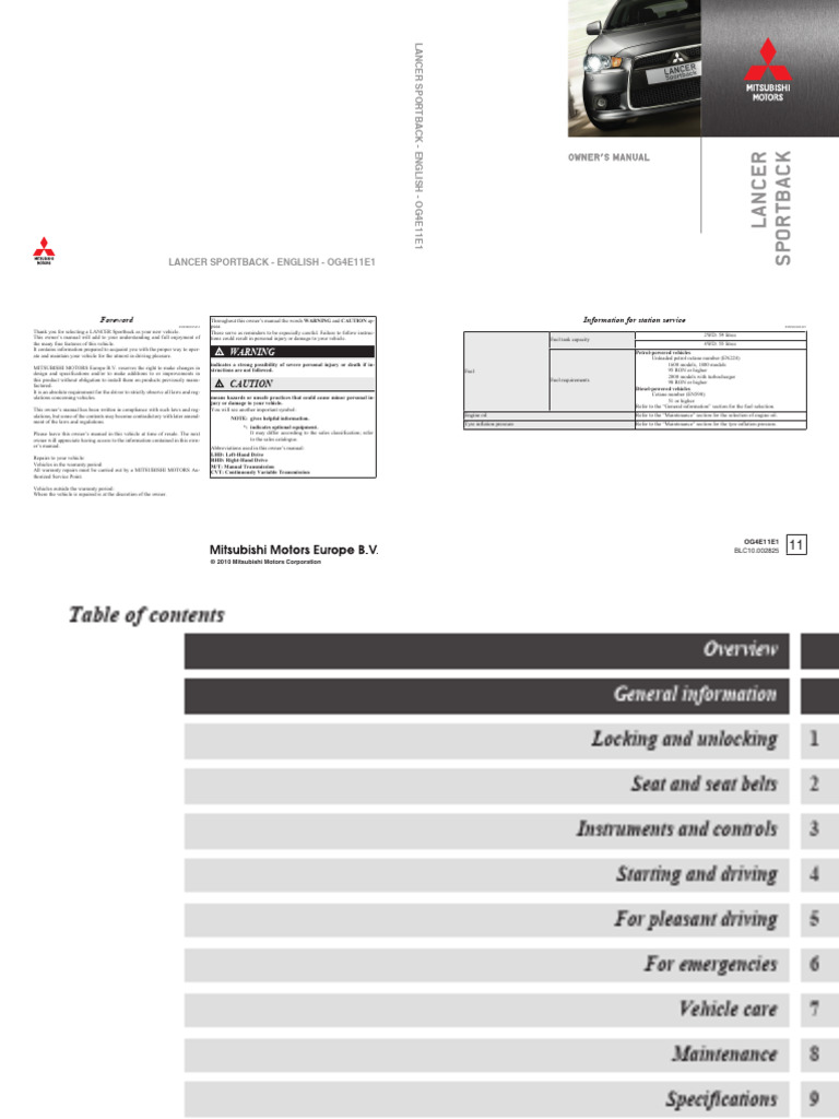 11MY Lancer Sportback Owners Manual | PDF | Headlamp | Gasoline