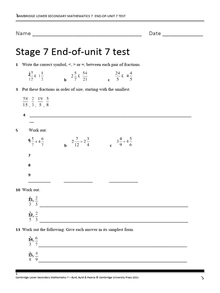 End Of Unit 7 Test Pdf Mathematics Arithmetic