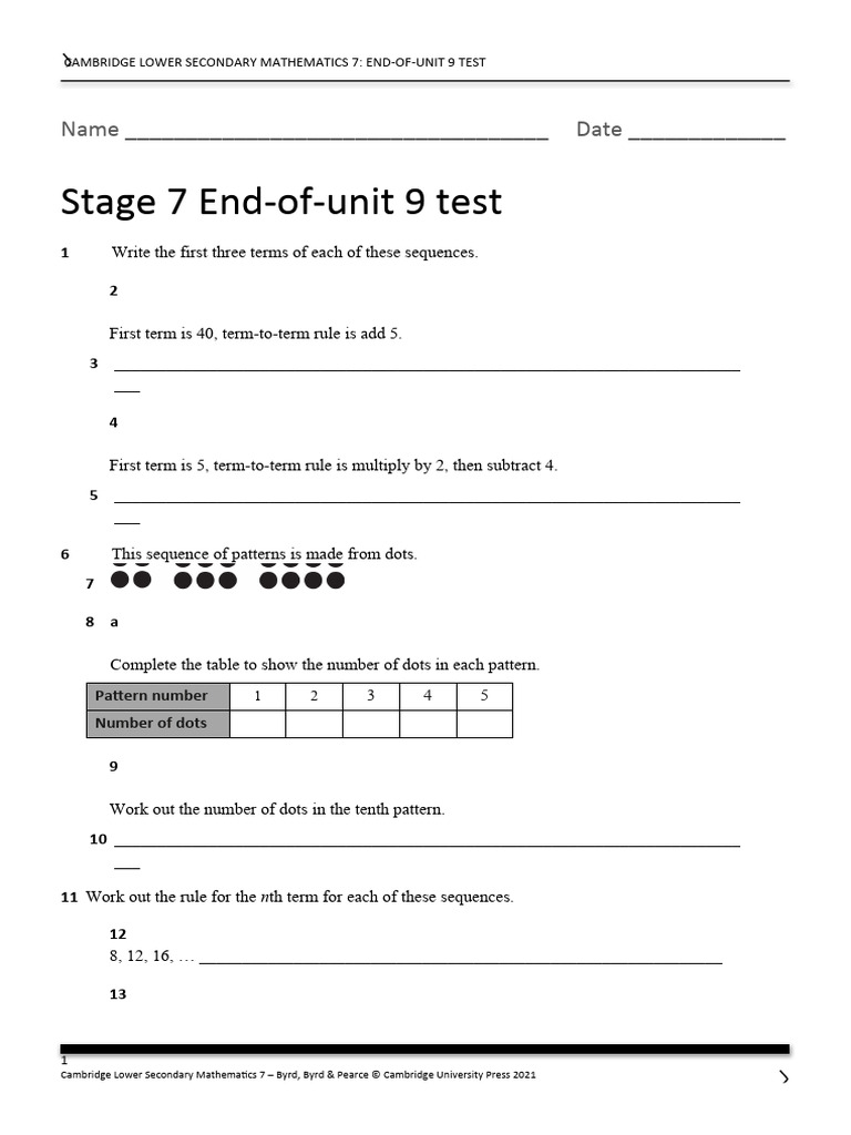 End-of-Unit 9 Test: Stage 7 Maths | PDF | Teaching Methods & Materials