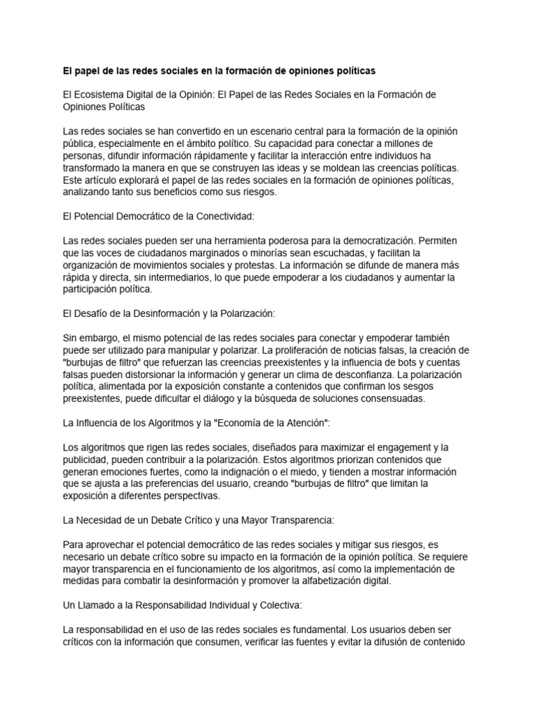 El Papel de Las Redes Sociales en La Formación de Opiniones Políticas ...