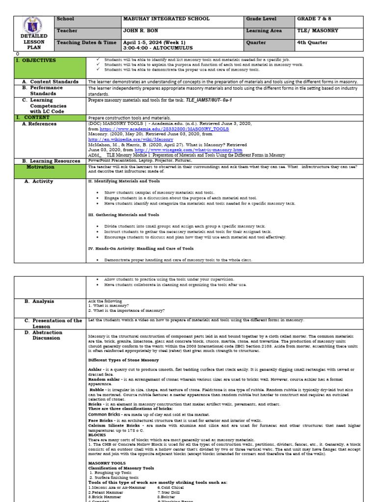 Masonry Tools and Materials Lesson Plan | PDF | Masonry | Brick