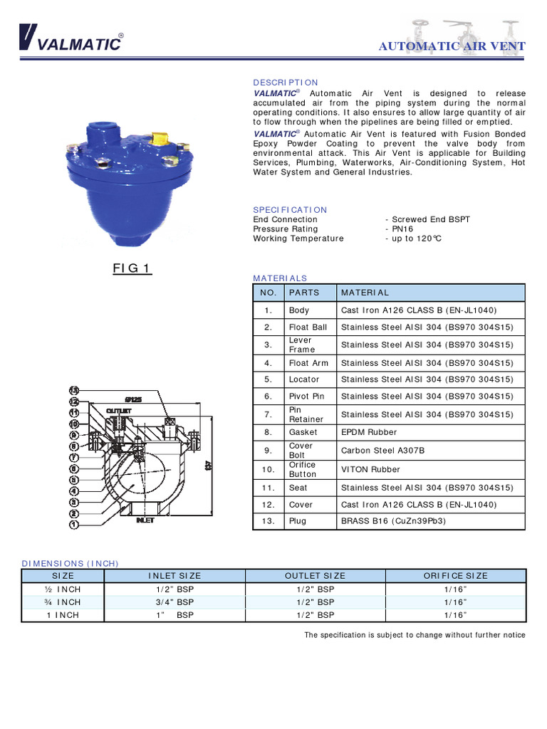 Air-Vent-Valmatic-datat-sheet | PDF | Valve | Building Materials