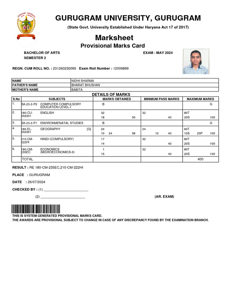 Gurugram University BA Provisional Marks Card | PDF