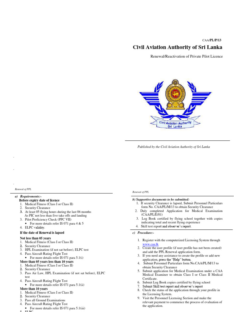 PPL Renewal Guide - Sri Lanka CAA | PDF | Aeronautics | Aviation