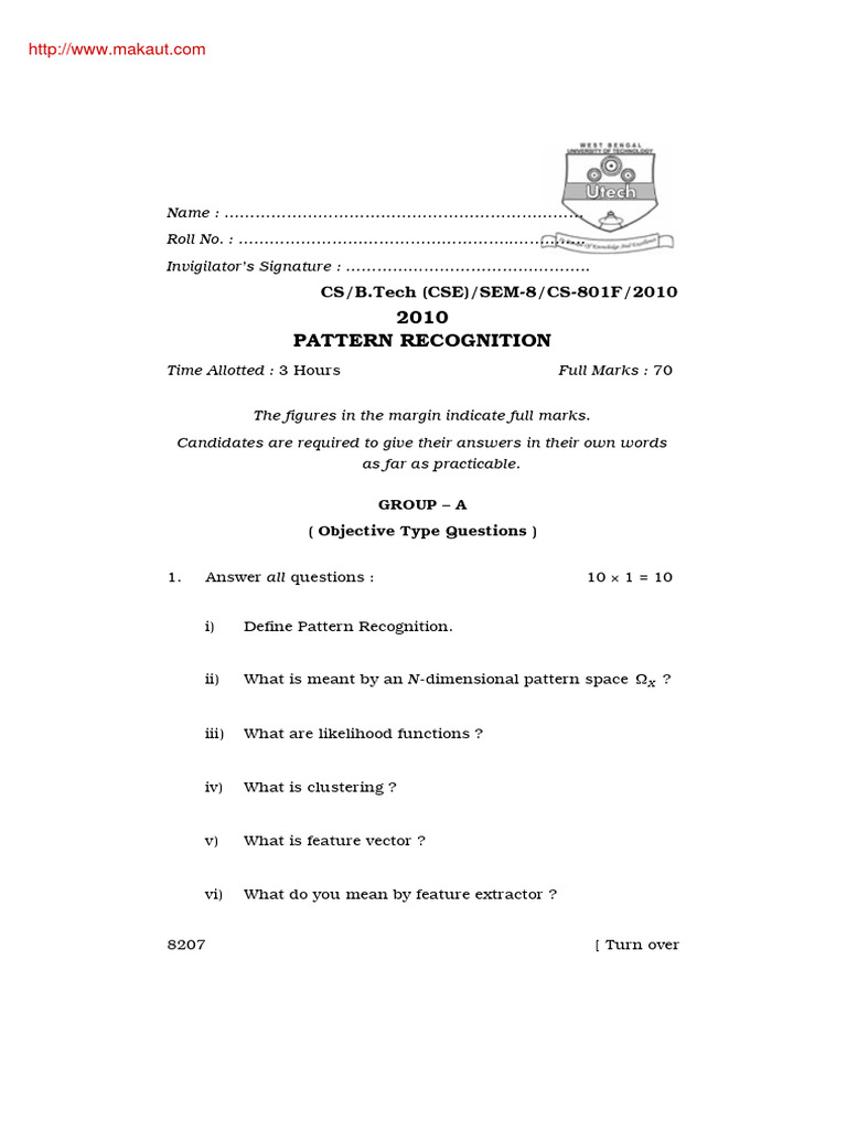Pattern Recognition Exam Questions 2010 | PDF | Pattern Recognition ...