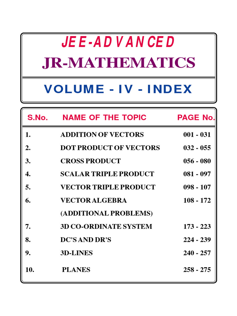 JEE Advanced Jr. Mathematics Volume IV Index | PDF | Euclidean Vector ...