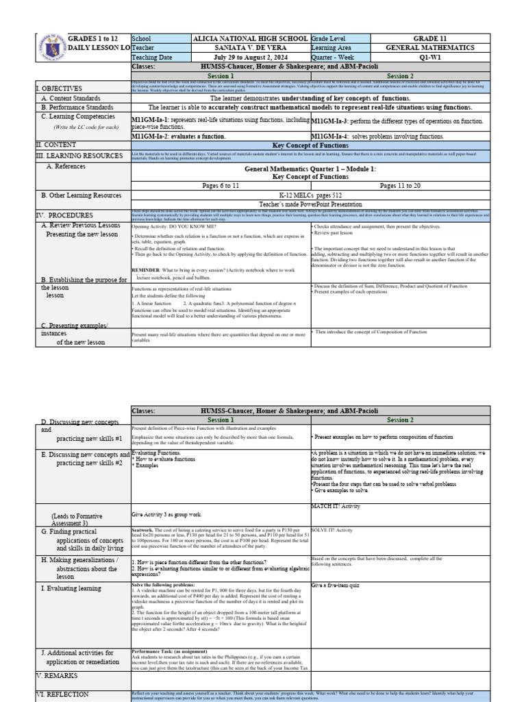 Grade 11 General Mathematics Functions Lesson Plan | PDF | Function ...