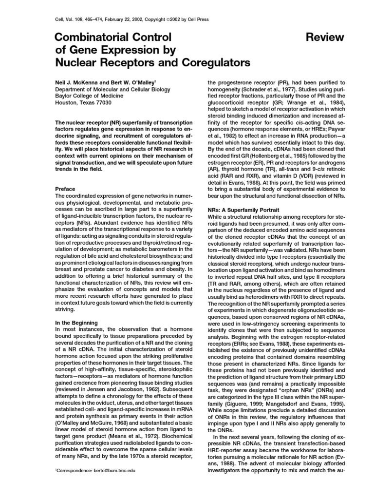 Combinatorial Control of Gene Expression by Nuclear Receptors | PDF ...
