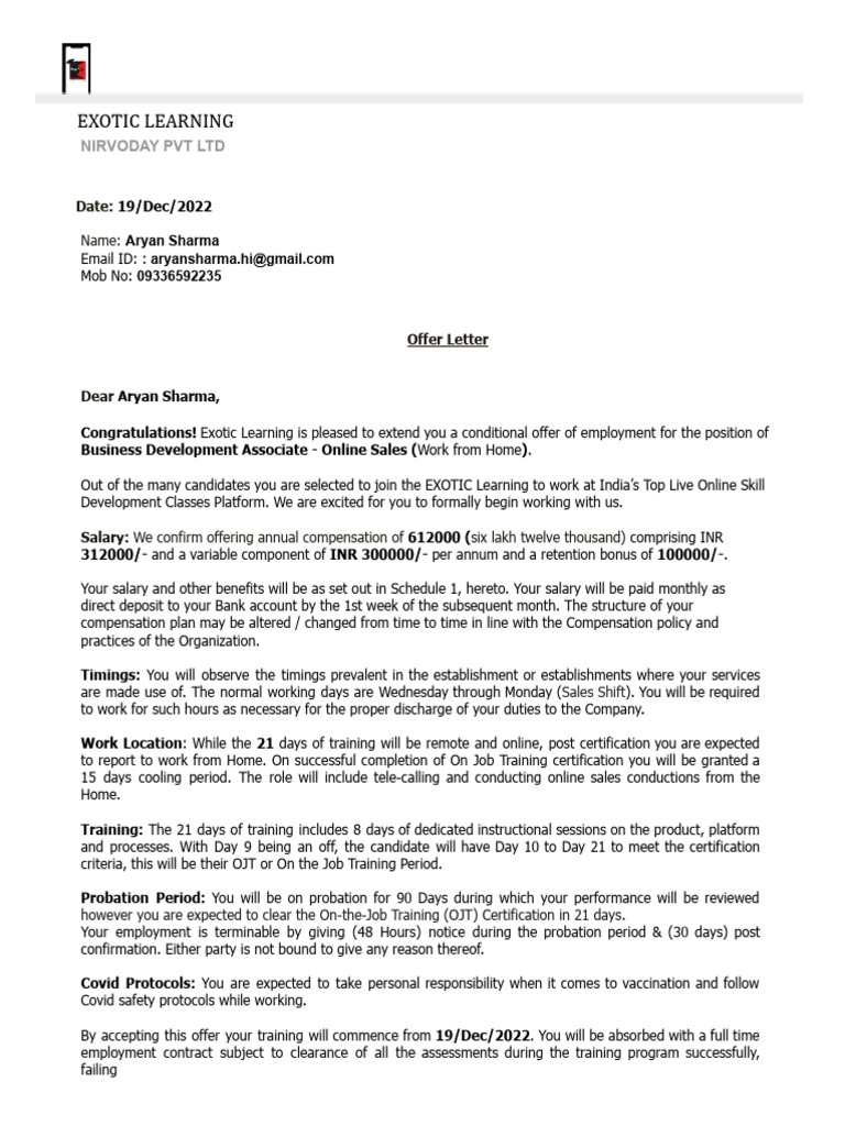 Aryan Sharma LL Offer Letter | PDF | Indemnity | Private Law
