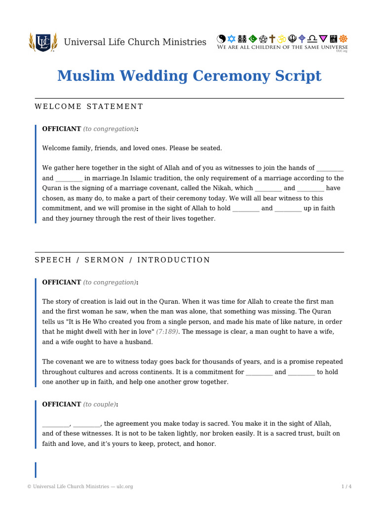 ULC Muslim wedding script Download Free PDF Marriage