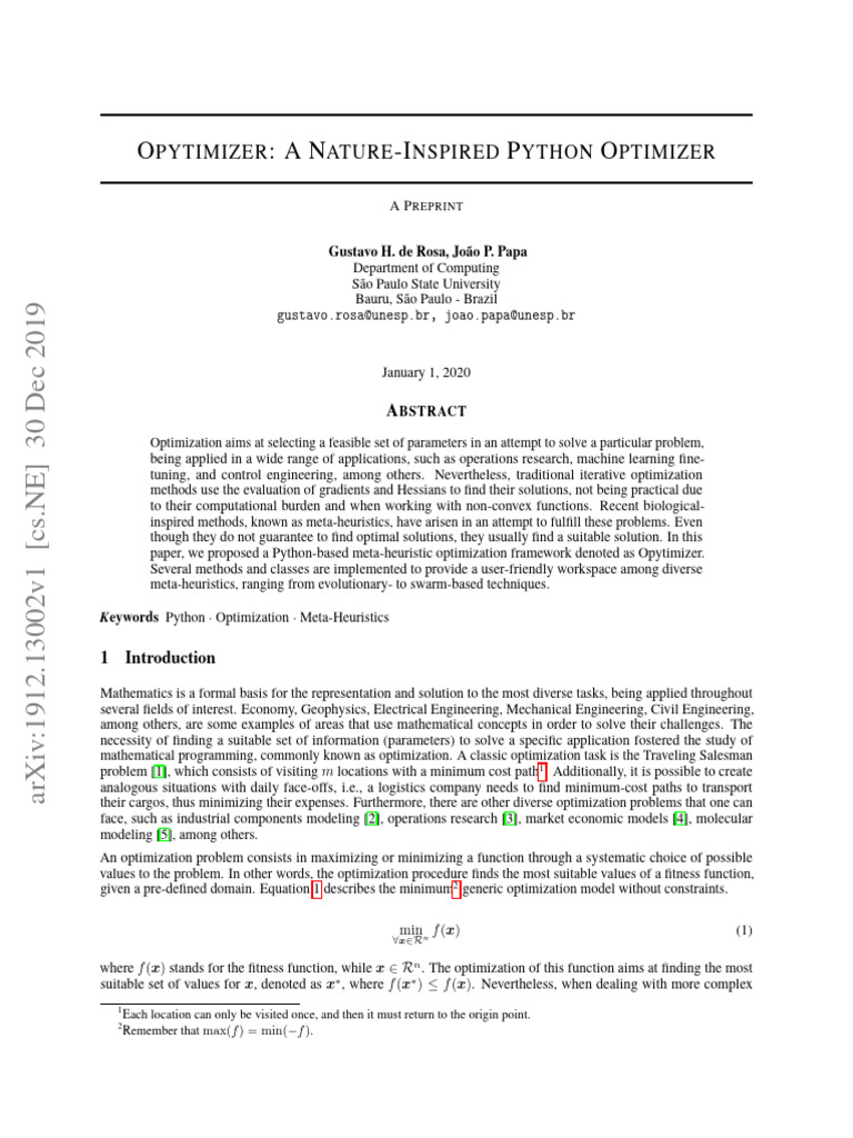 Opytimizer A Nature-Inspired Python Optimizer | PDF | Mathematical ...