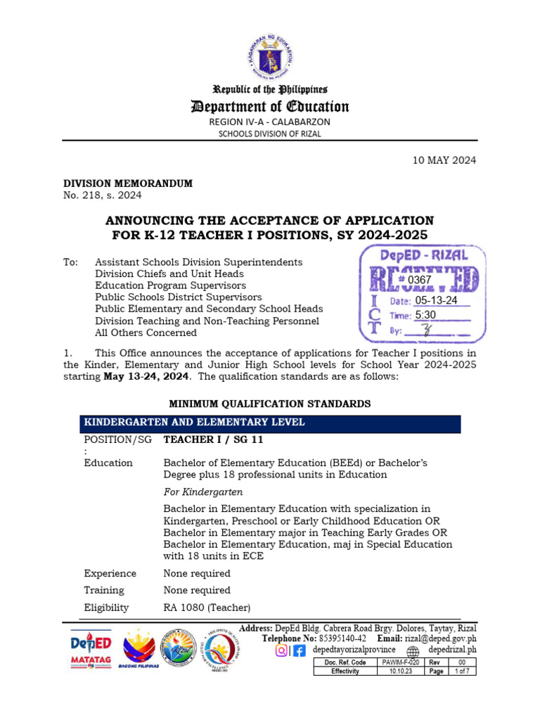 Department of Education: Announcing The Acceptance of Application For K ...