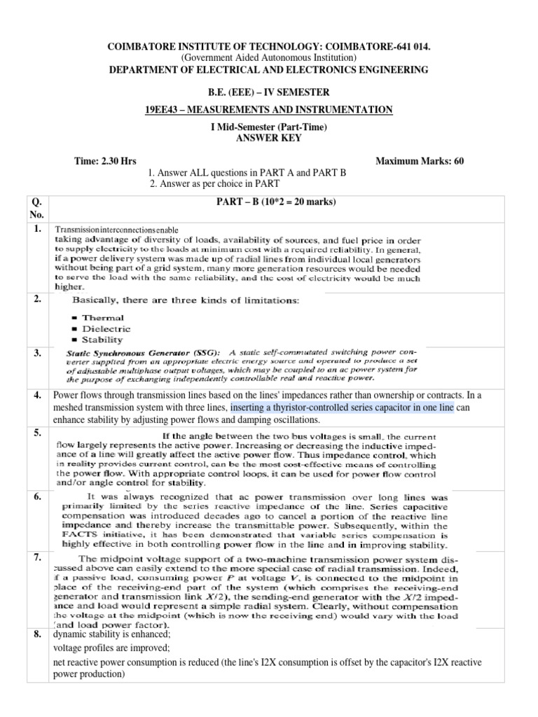 Mid-Semester Answer Key: EEE IV Sem | PDF | Capacitor | Ac Power