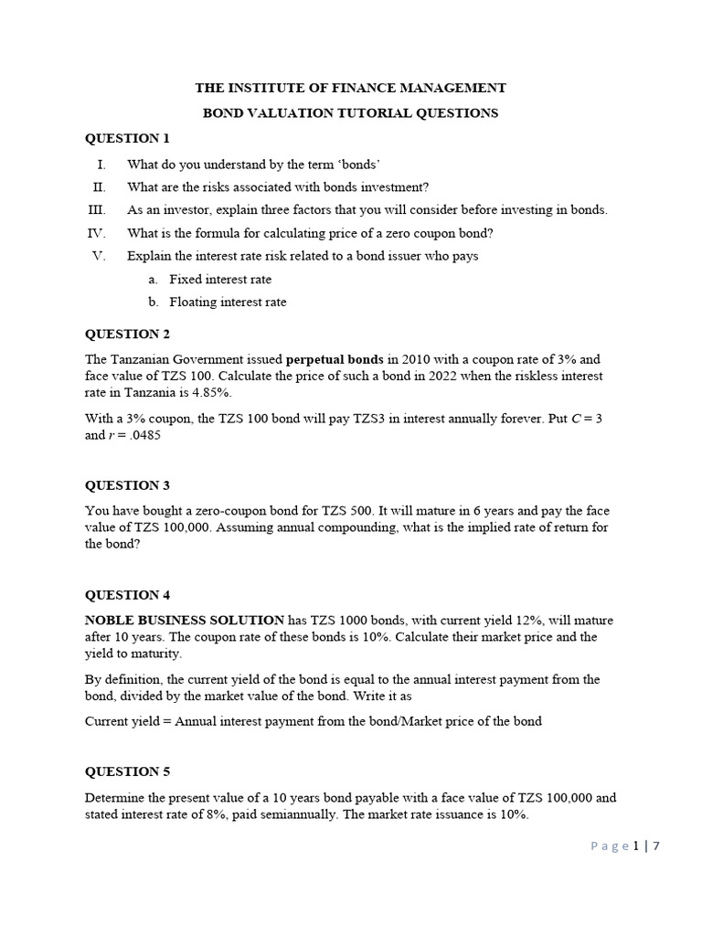 Bond Valuation Tutorial Questions Pdf Bonds Finance Yield Finance