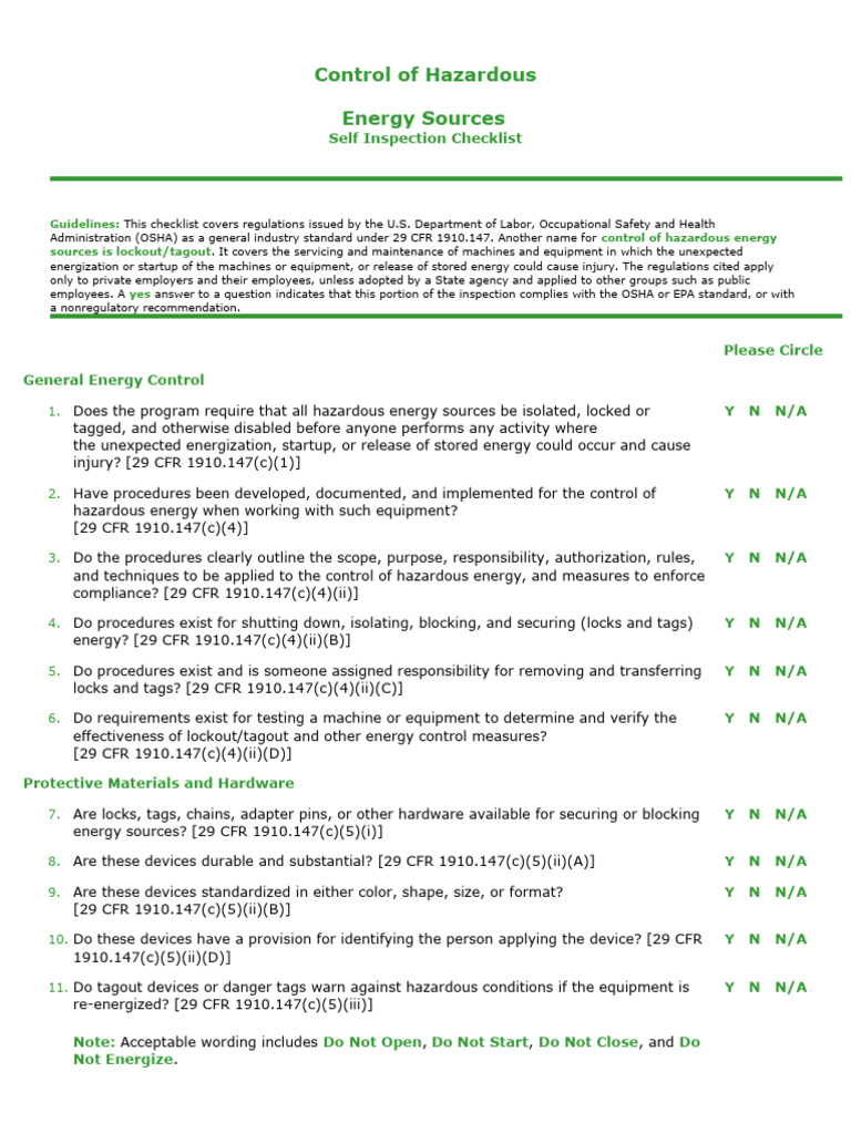 OSHA Lockout/Tagout Checklist Guide | PDF | Workplace | Working Conditions