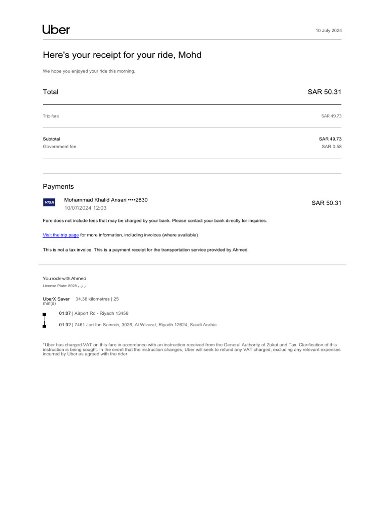 Uber Ride Receipt - Riyadh, July 2024 | PDF