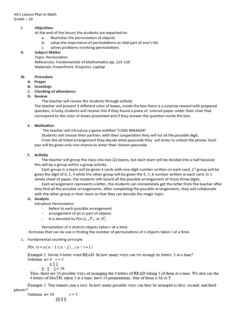 4A Math Lesson Plan: Permutations | PDF | Permutation | Mathematics