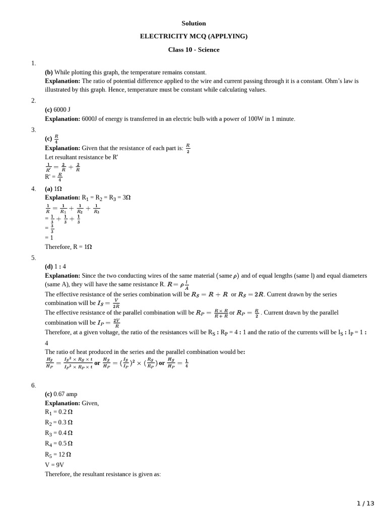 Class 10 Electricity MCQs and Solutions | PDF | Series And Parallel ...