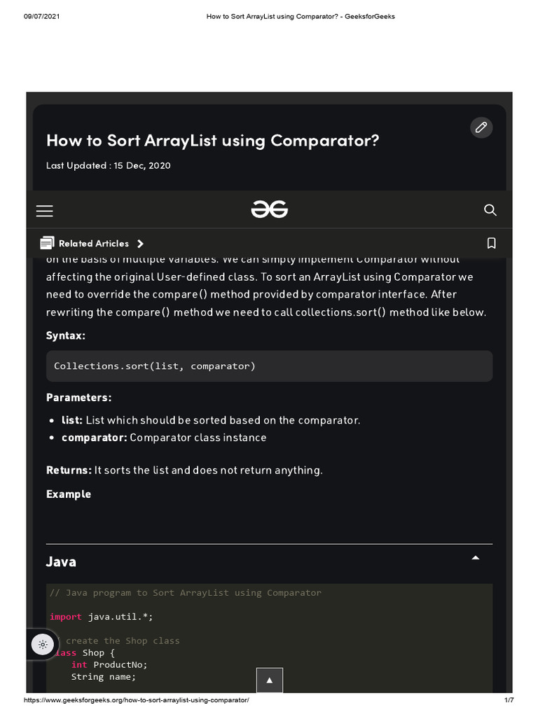 How To Sort ArrayList Using Comparator - GeeksforGeeks | PDF | Method ...