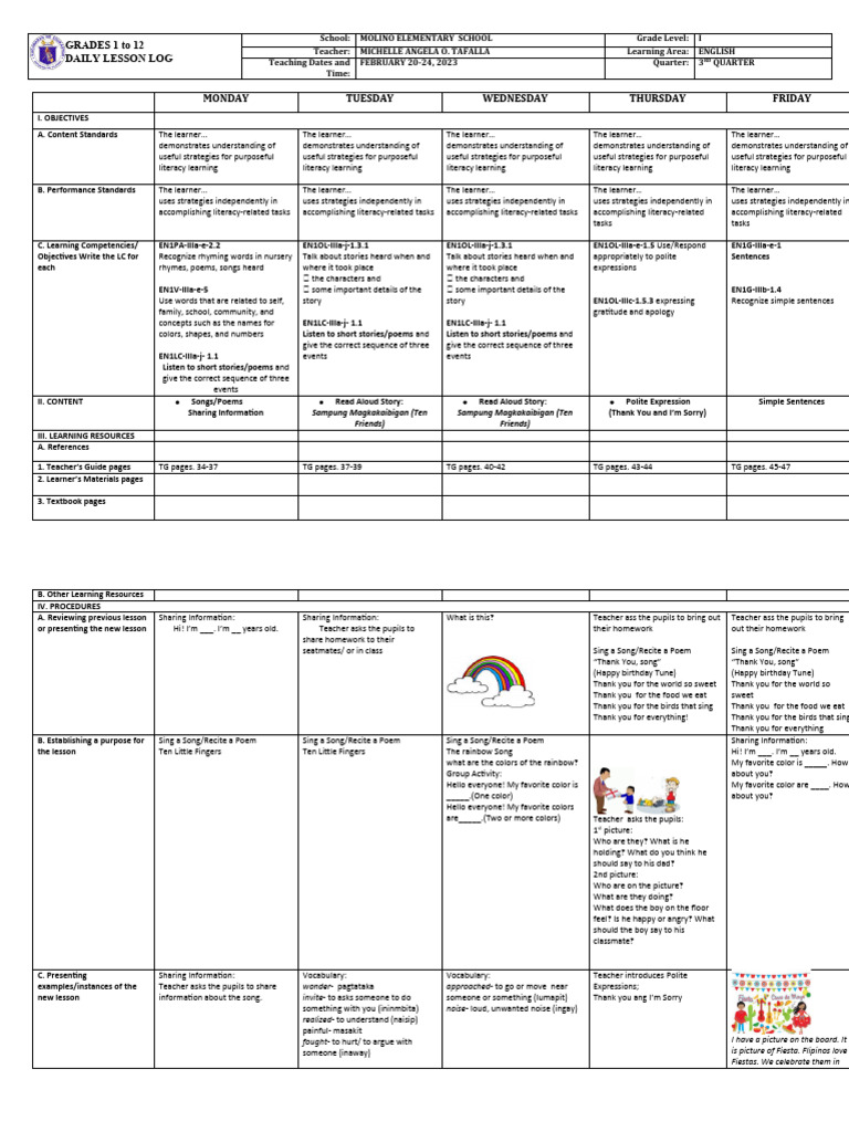 Daily Lesson Log for Grade 1 English | PDF | Learning | Human Communication