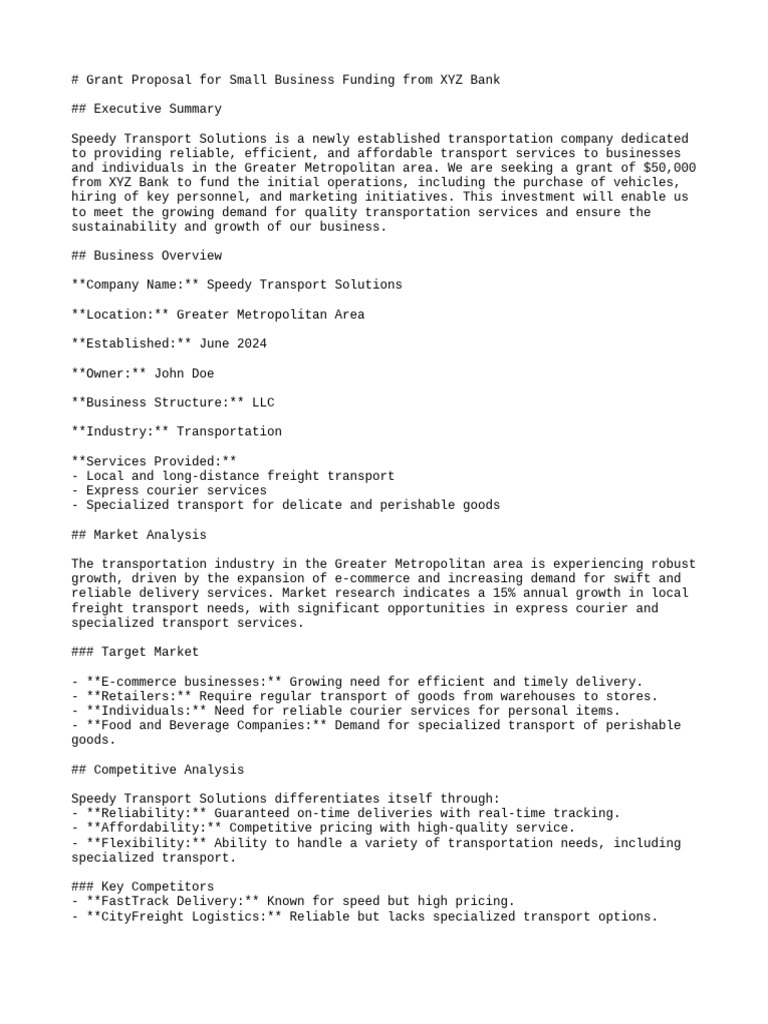 Grant Proposal for Speedy Transport Solutions | PDF | Pricing | Transport