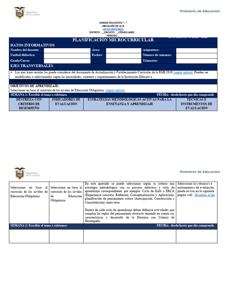 Formato Microplanificación Semanal | PDF | Plan de estudios | Evaluación