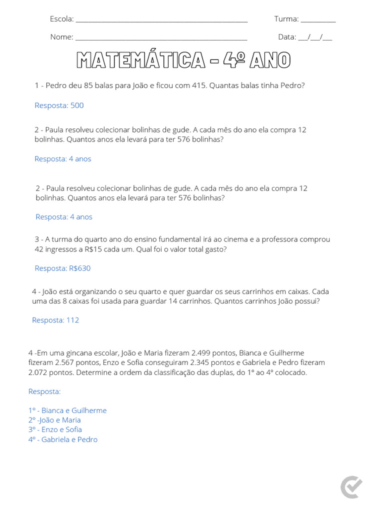 Atividades-De-Matematica-4-Ano - Respondidas | PDF | Bem-estar