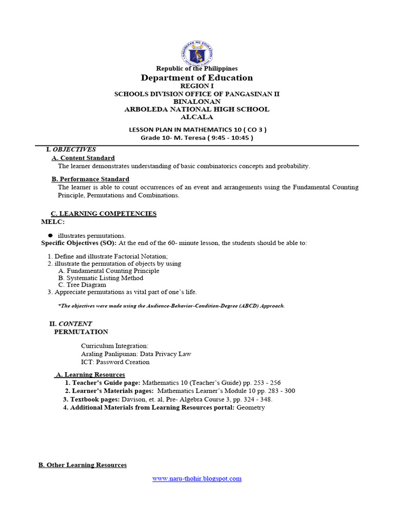 Grade 10 Math Lesson Plan: Permutations | PDF | Learning | Permutation