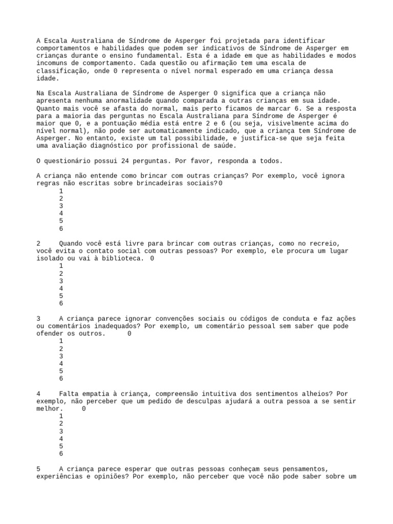Escala Australiana para Síndrome de Asperger | PDF | Síndrome de Asperger