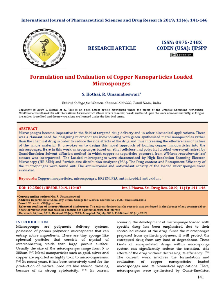 Formulation and Evaluation of Copper Nanoparticles Loaded Microsponges ...