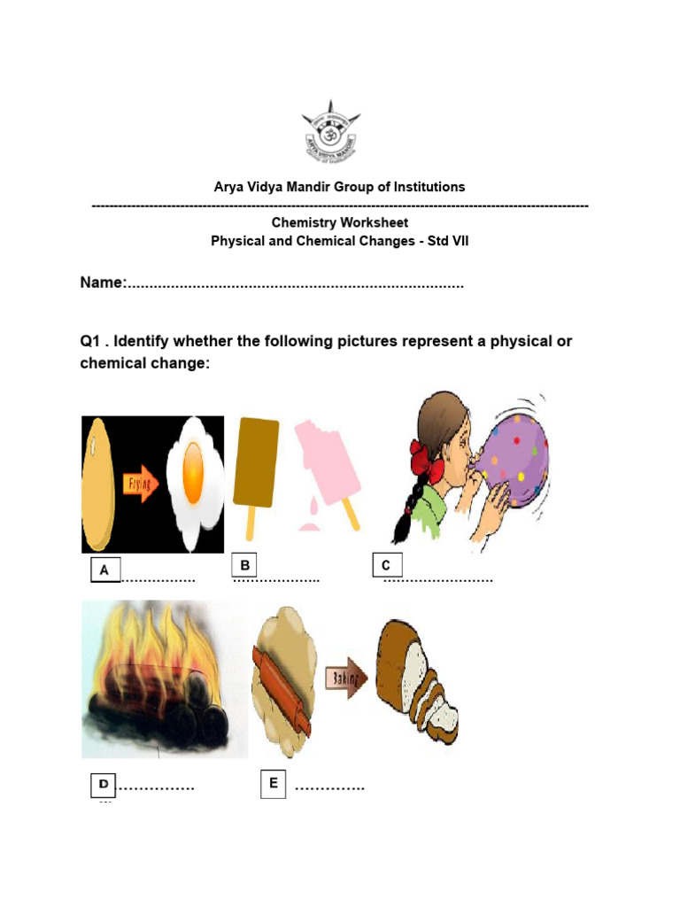 Chemistry Worksheet: Physical vs Chemical Changes | PDF | Chemical ...