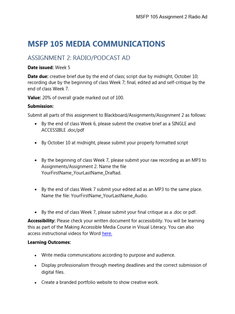 MSFP 105 Radio Ad Assignment Guide | PDF | Podcast | Mp3
