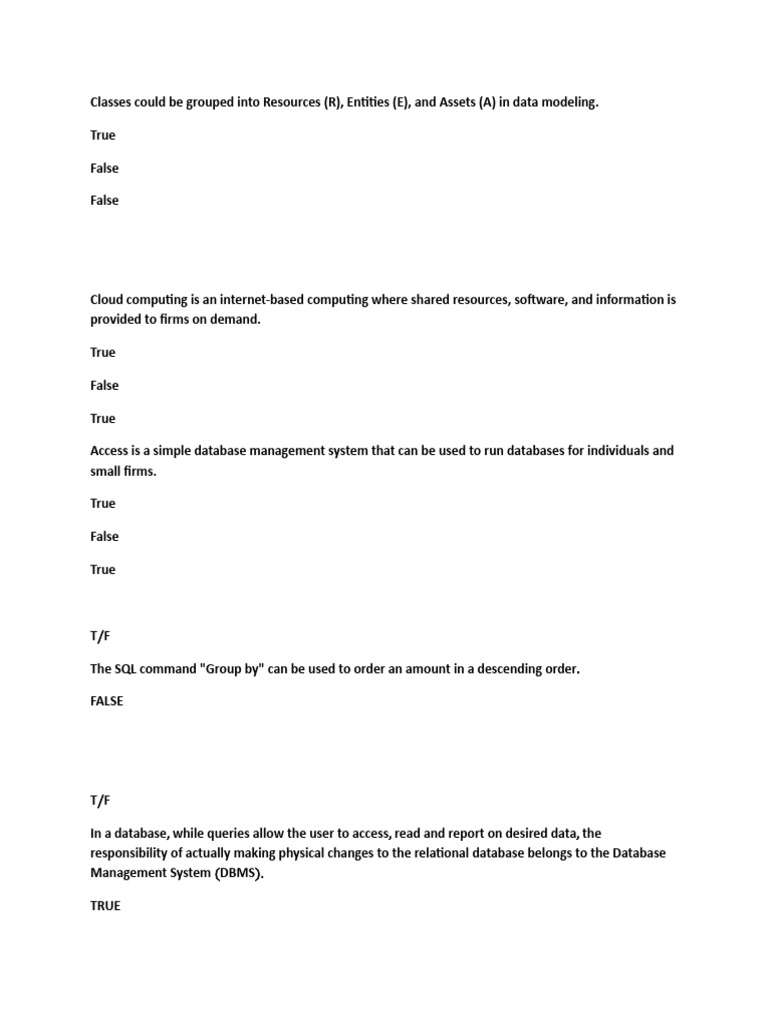 SQL and Data Model True/False Quiz | PDF | Databases | Relational Model