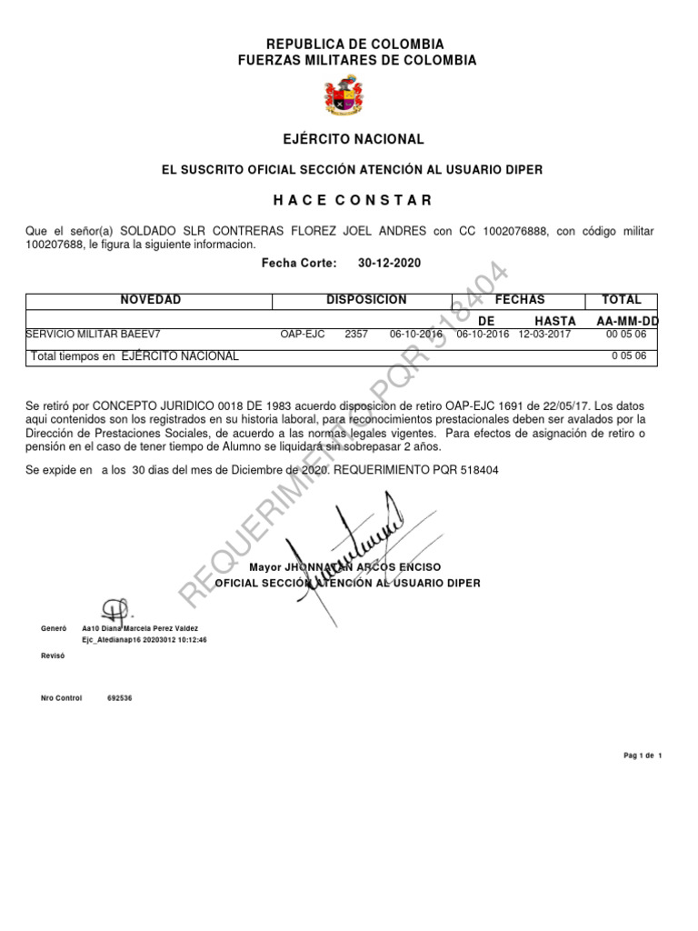 Requerimiento PQR 518404 Ejercito Nacional | PDF | Gobierno | Militar