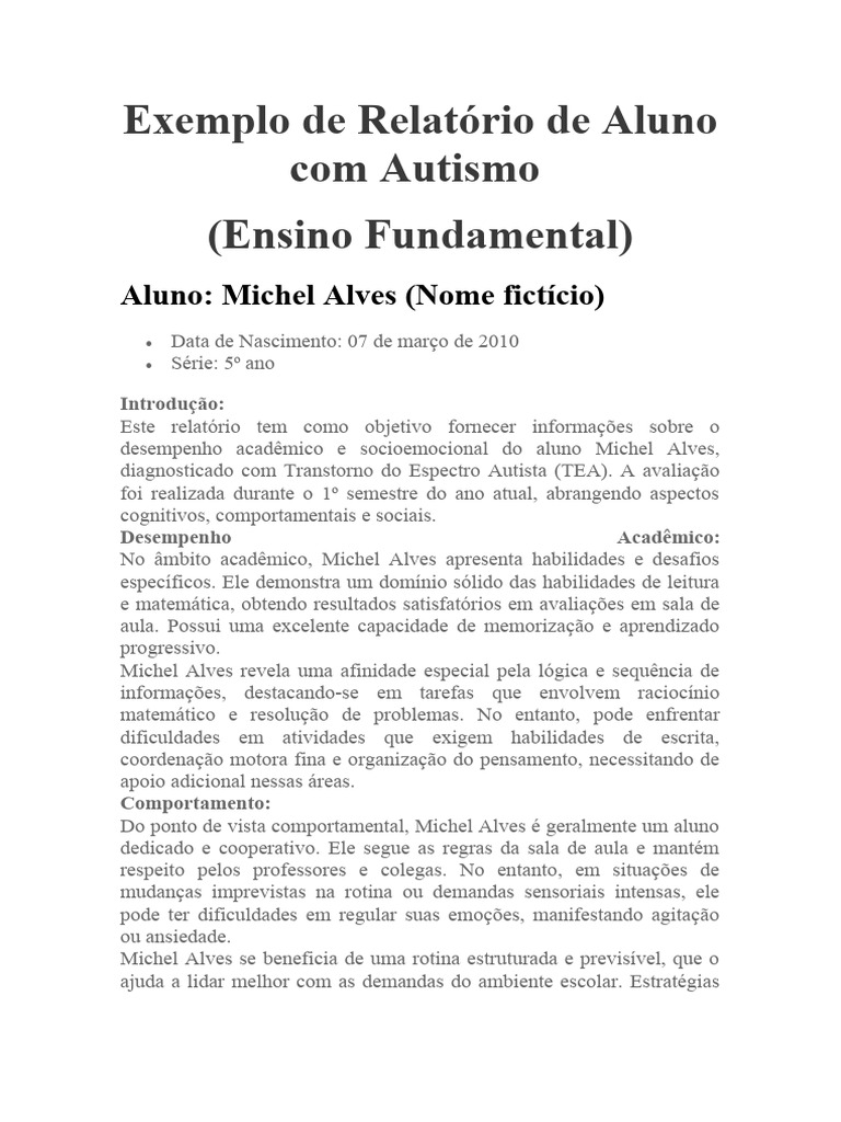 Relatório de Aluno Autista no 5º Ano | PDF | Pedagogia | Espectro do ...