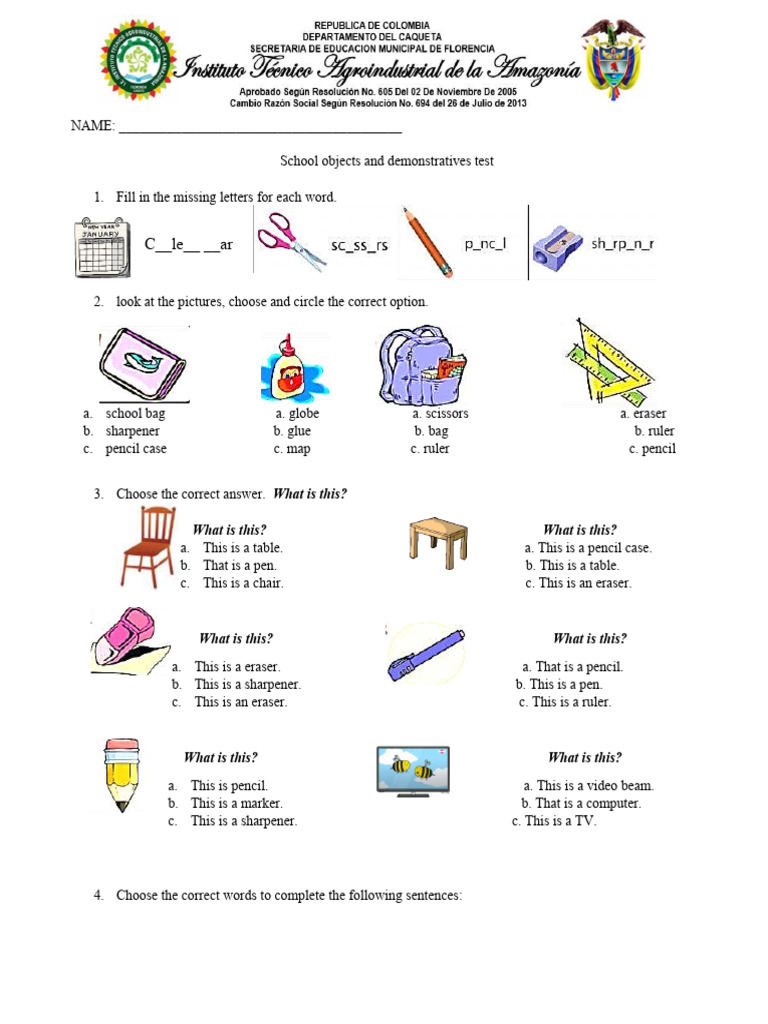 4th Grade Test-School Objects | PDF