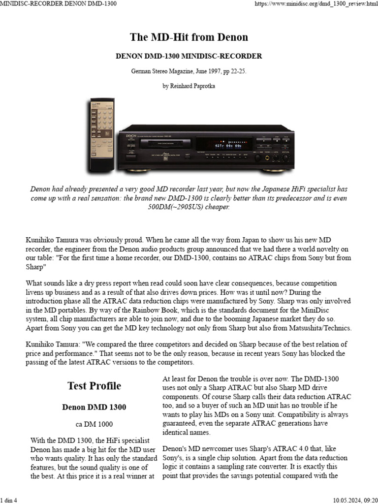 Minidisc-Recorder Denon DMD-1300 | PDF | Analog To Digital