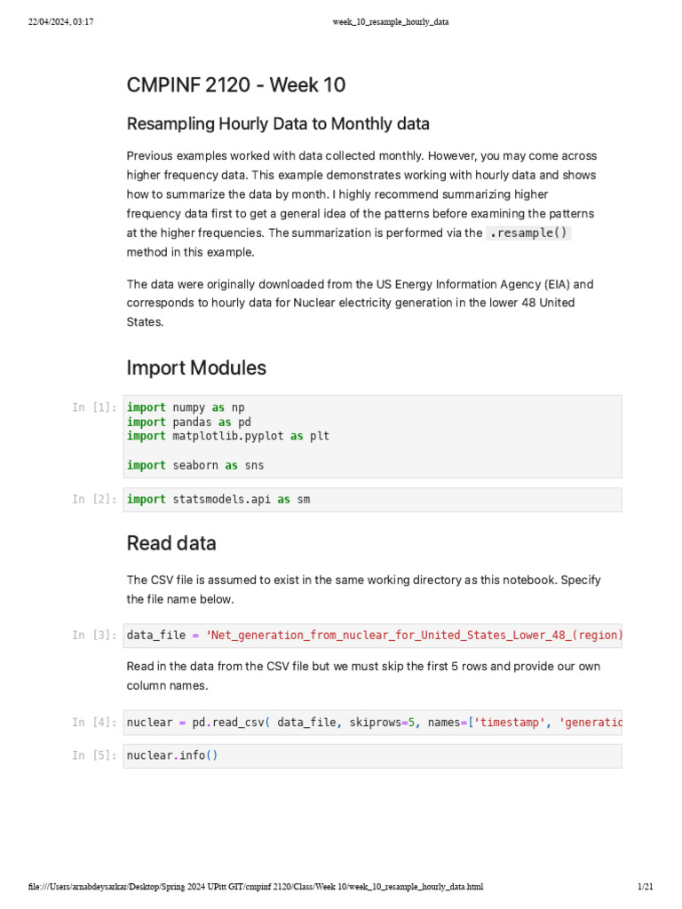 Week 10 Resample Hourly Data | PDF | Computing | Computer Programming
