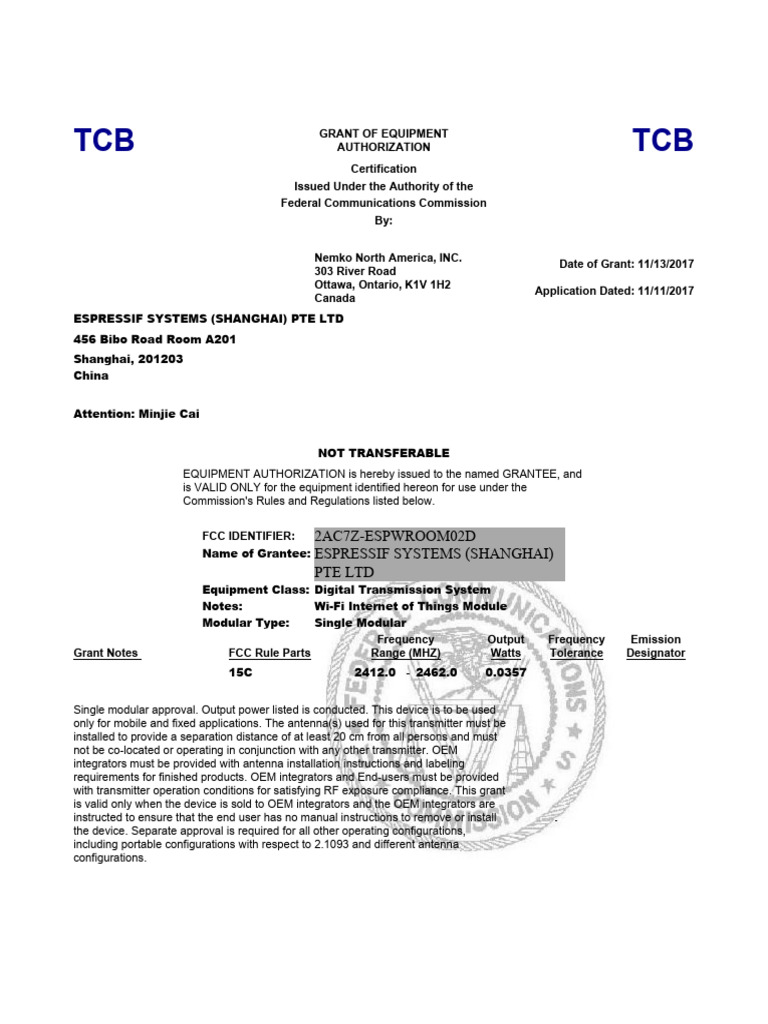 FCC Equipment Authorization for ESPRESSIF | PDF | Transmitter | Federal ...