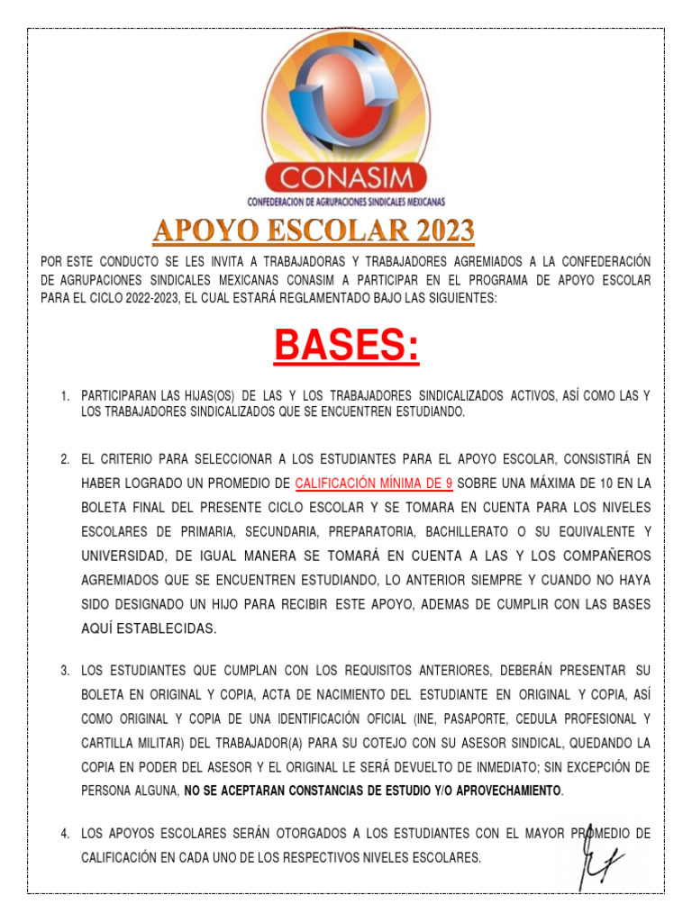 Convocatoria Apoyo Escolar CONASIM 2023 | PDF | Finanzas y dinero