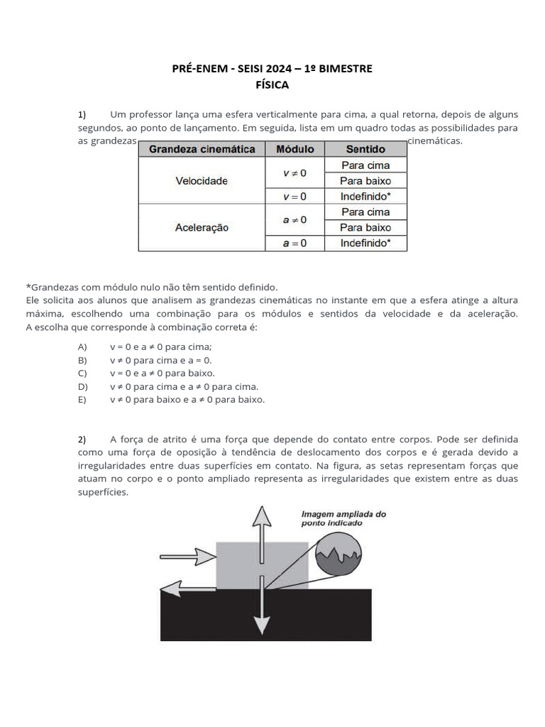 Questões de Física para Prévias do ENEM 2024 | PDF | Freios ABS | Gravidade