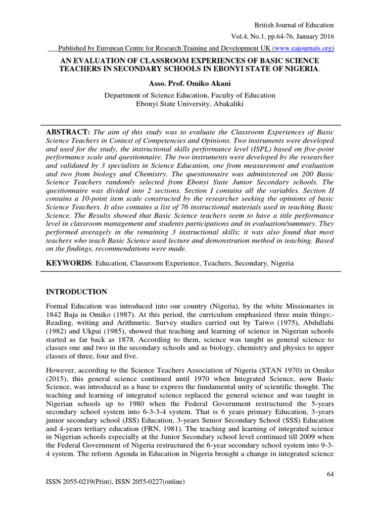 An Evaluation of Classroom Experiences of Basic Science Teachers in ...