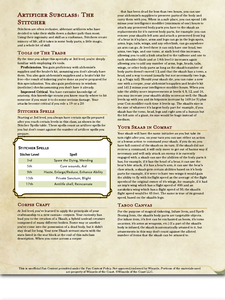 Homebrew Artificer Subclass: The Stitcher | PDF