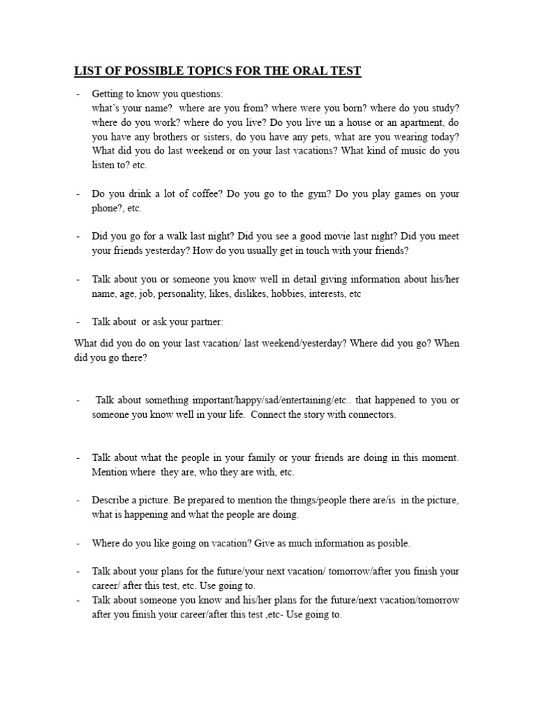 Oral Test Topic Ideas for Students | PDF