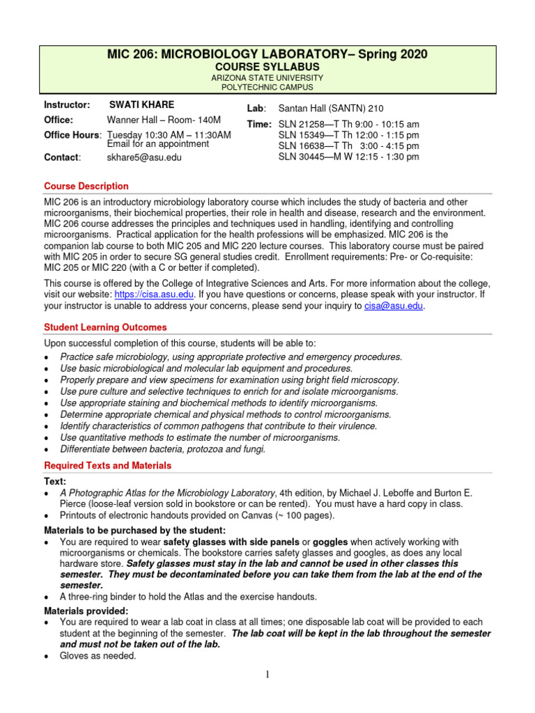 MIC 206 Microbiology Lab Syllabus | PDF | Academic Dishonesty | Plagiarism