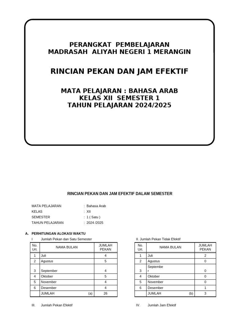 Rincian Jam Efektif Bahasa Arab Kelas XII | PDF
