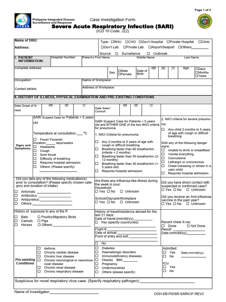 SARI Case Investigation Form Template | PDF | Respiratory Diseases ...