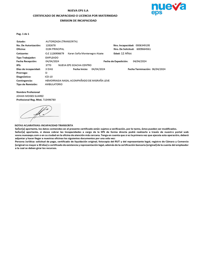 Certificado de Incapacidad Nueva EPS | PDF