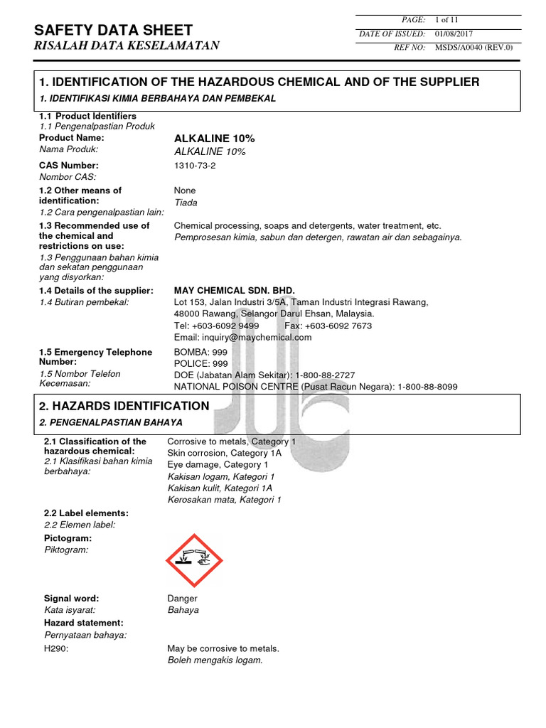 MSDS untuk Alkaline 10% | PDF