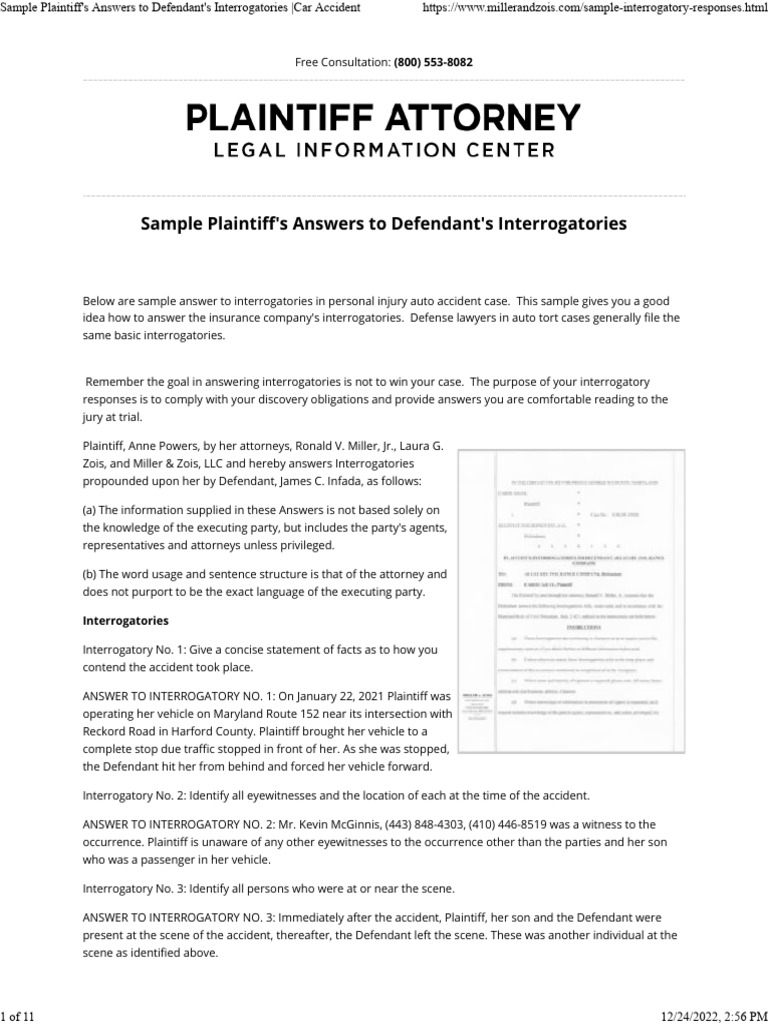 Sample plaintiff s answers to defendant s interrogatories car accident
